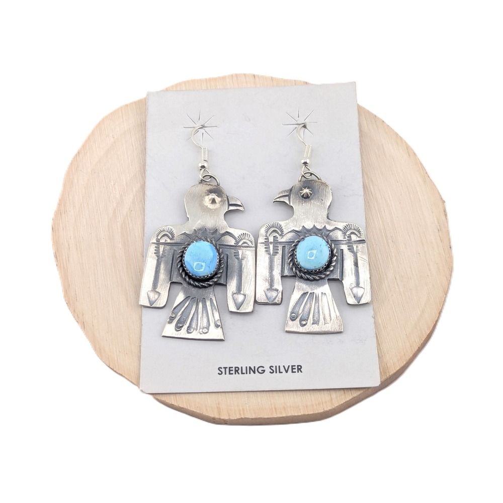 Navajo Thunderbird Golden Hills Turquoise Earrings Handmade NA Sterling Jewelry* - Picture 3 of 11